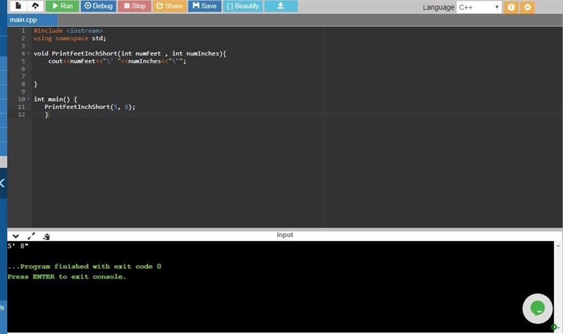 Define a function PrintFeetInchShort, with int parameters numFeet and numInches, that-example-2