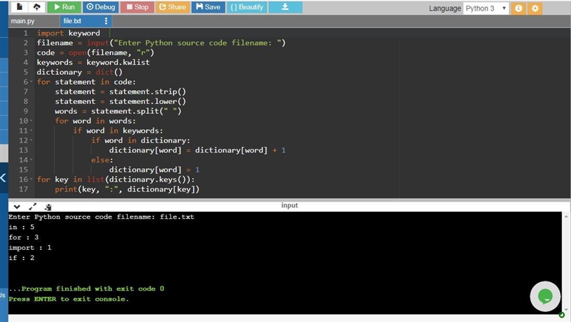 Write a program that reads in your question #2 Python source code file and counts-example-1