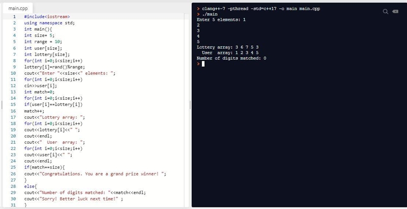 Write a program that simulates a lottery. The program should havean array of five-example-1