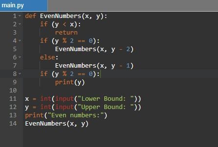 g write a recursive function that prints out all the even numbers between x and y-example-1