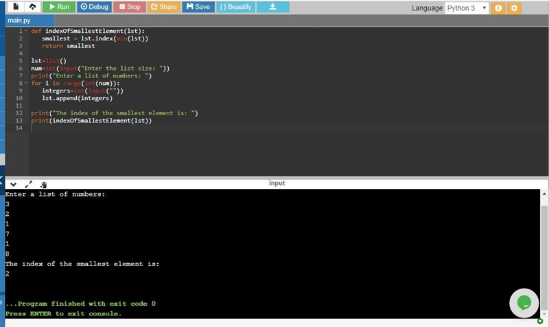 (Find the index of the smallest element) Write a function that returns the index of-example-1