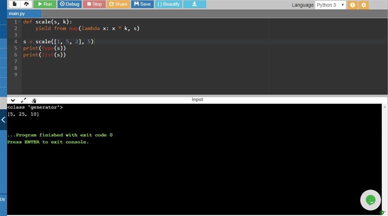 Implement the generator function scale(s, k), which yields elements of the given iterable-example-1