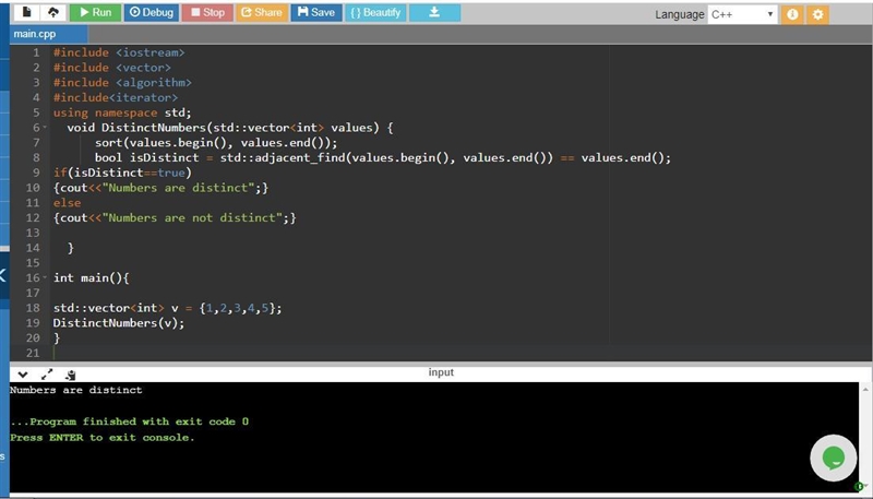 Write a C function that takes an STL vector of int values and determines if all the-example-1