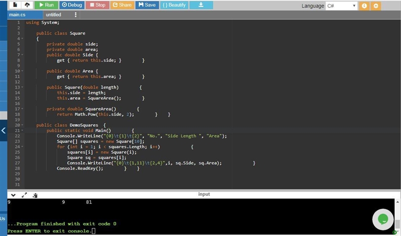 C# Create a program named DemoSquares that instantiates an array of 10 Square objects-example-2