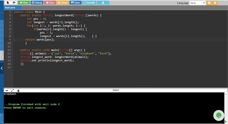 Complete the method, longestWord(), below that takes in an array of Strings and returns-example-1