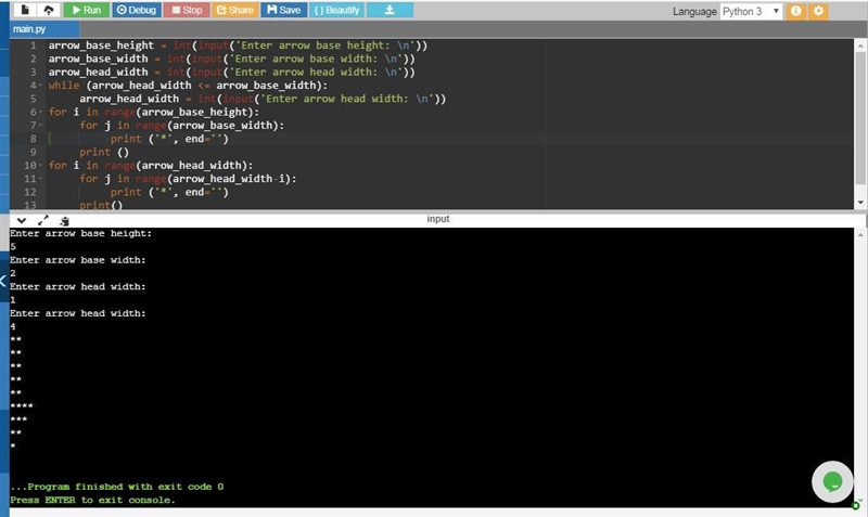 This program outputs a downwards facing arrow composed of a rectangle and a right-example-1