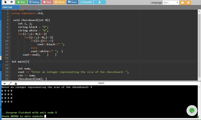 Write a function that returns a chessboard pattern ("B" for black squares-example-1