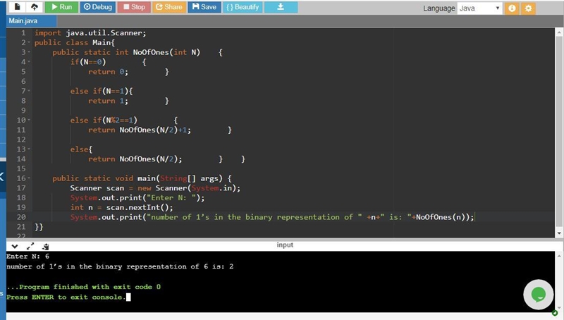 Write a recursive method that returns the number of 1’s in the binary representation-example-1