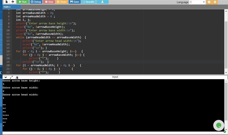 This program outputs a downwards facing arrow composed of a rectangle and a right-example-1