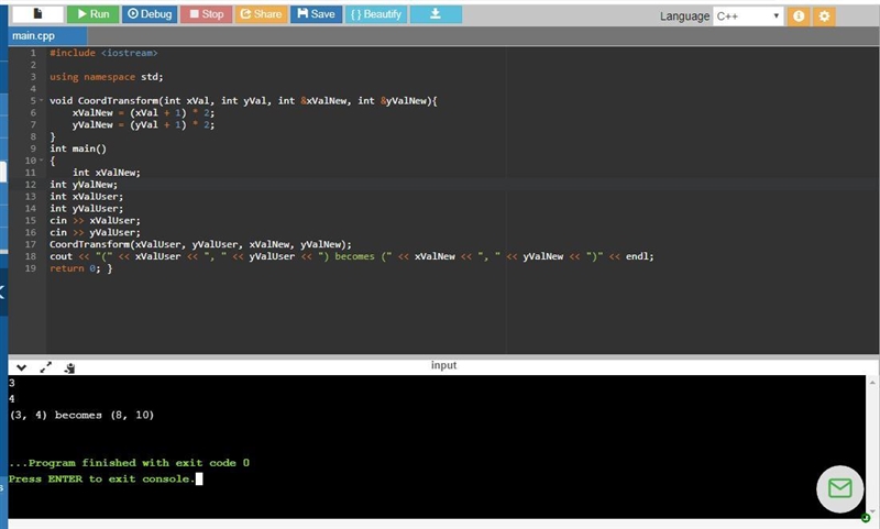 7.8.1: Function pass by reference: Transforming coordinates. Define a function CoordTransform-example-1