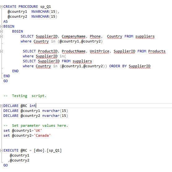 Create a stored procedure sp_Q1 that takes two country names like 'Japan' or 'USA-example-2