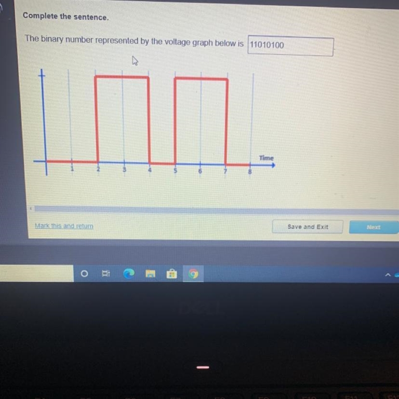 Complete the sentence. the binary number represented by the voltage graph below is-example-1