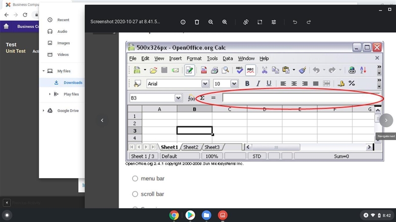 In this spreadsheet, what is circled? A.menu bar B.scroll bar C.Save icon D.formula-example-1