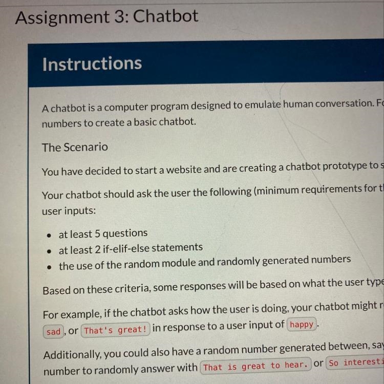 Assignment 3: Chatbot What the code for assignment 3: chatbot Edhesive.-example-1