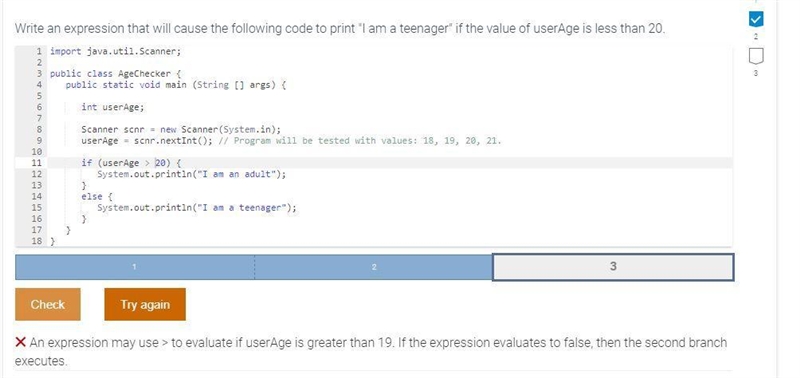 Write an expression that will cause the following code to print "I am a teenager-example-1