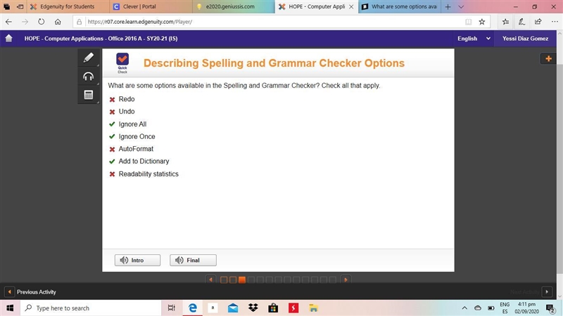 What are some options available in the Spelling and Grammar Checker? Check all that-example-1