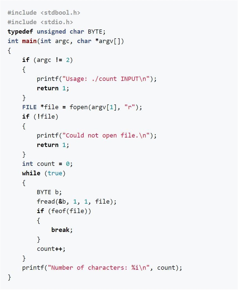 The program below counts the number of characters in a file, assuming the file is-example-1