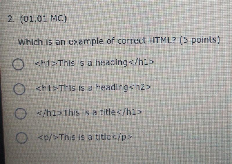 Which is an example of correct HTML? <h1>This is a heading </h1> </h-example-1