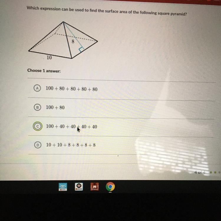 Which expression can be used to find the surface area of the following square pyramid-example-1