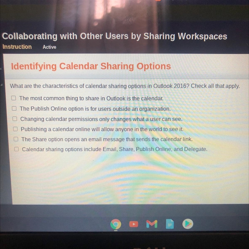 What are the characteristics of calendar sharing options in Outlook 2016? Check all-example-1