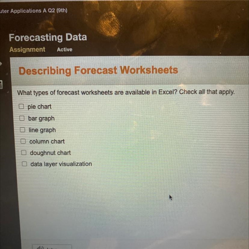 What types of forecast worksheets are available in Excel? Check all that apply. pie-example-1