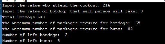 Hot Dog Cookout Calculator Assume hot dogs come in packages of 10, and hot dog buns-example-1