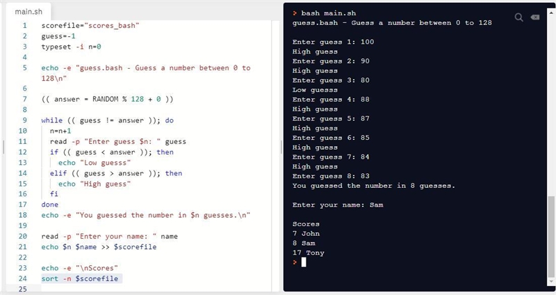 Create a bash shell script for a number guessing game. Here are the requirements: a-example-1