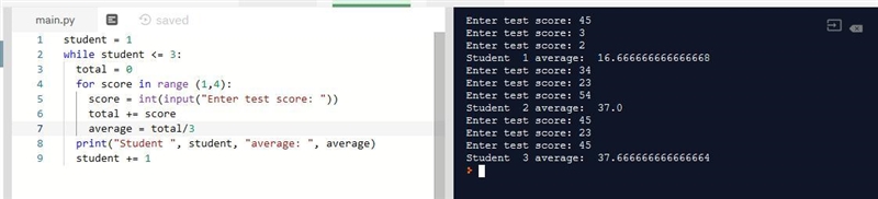 What does the following program do? student = 1 while student <= 3: total = 0 for-example-1