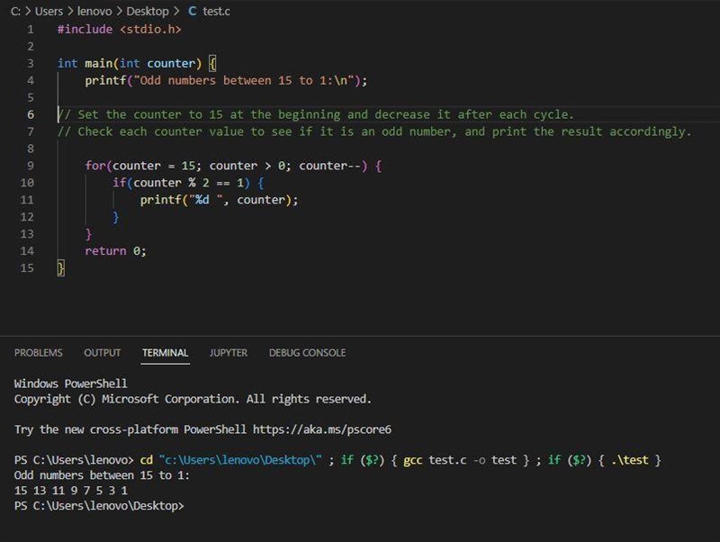 C program To print odd numbers from 15 to 1 ​-example-1