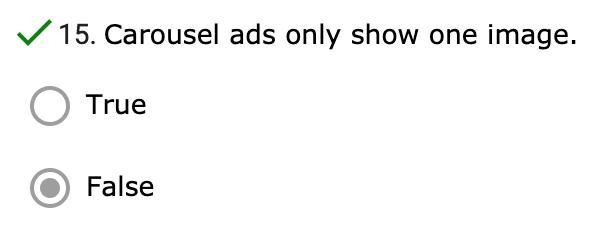 Carousel ads only show one image. True False-example-1