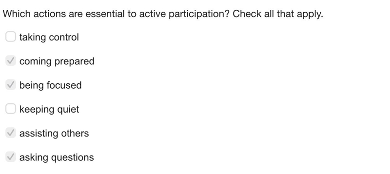 Which actions are essential to active participation? Check all that apply. taking-example-1