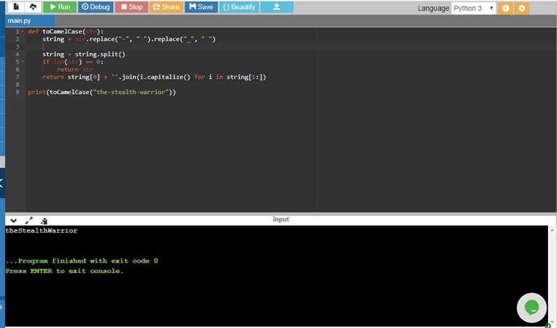 Complete the method/function so that it converts dash/underscore delimited words into-example-1