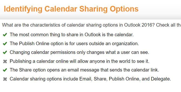 What are the characteristics of calendar sharing options in Outlook 2016? Check all-example-1