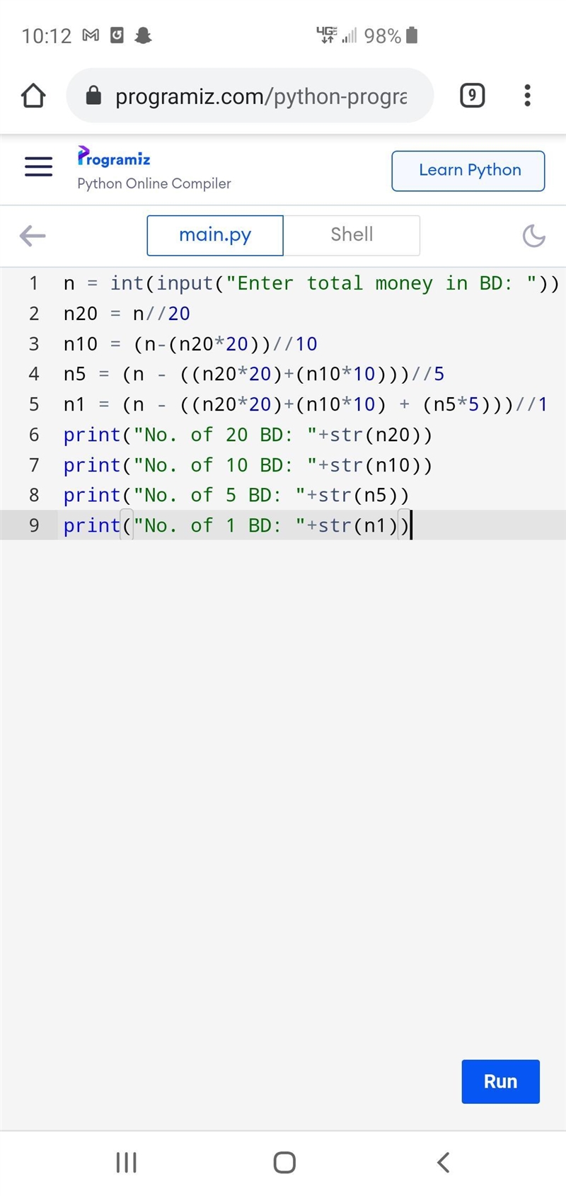 Write a python program to input money in Bahrain dinar and find out number of denominations-example-1