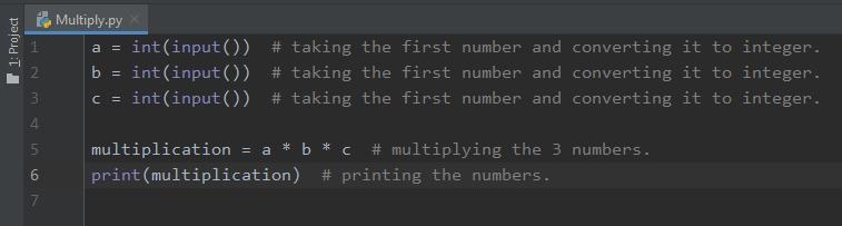 Read three integers from user input. Then, print the product of those integers. Ex-example-1