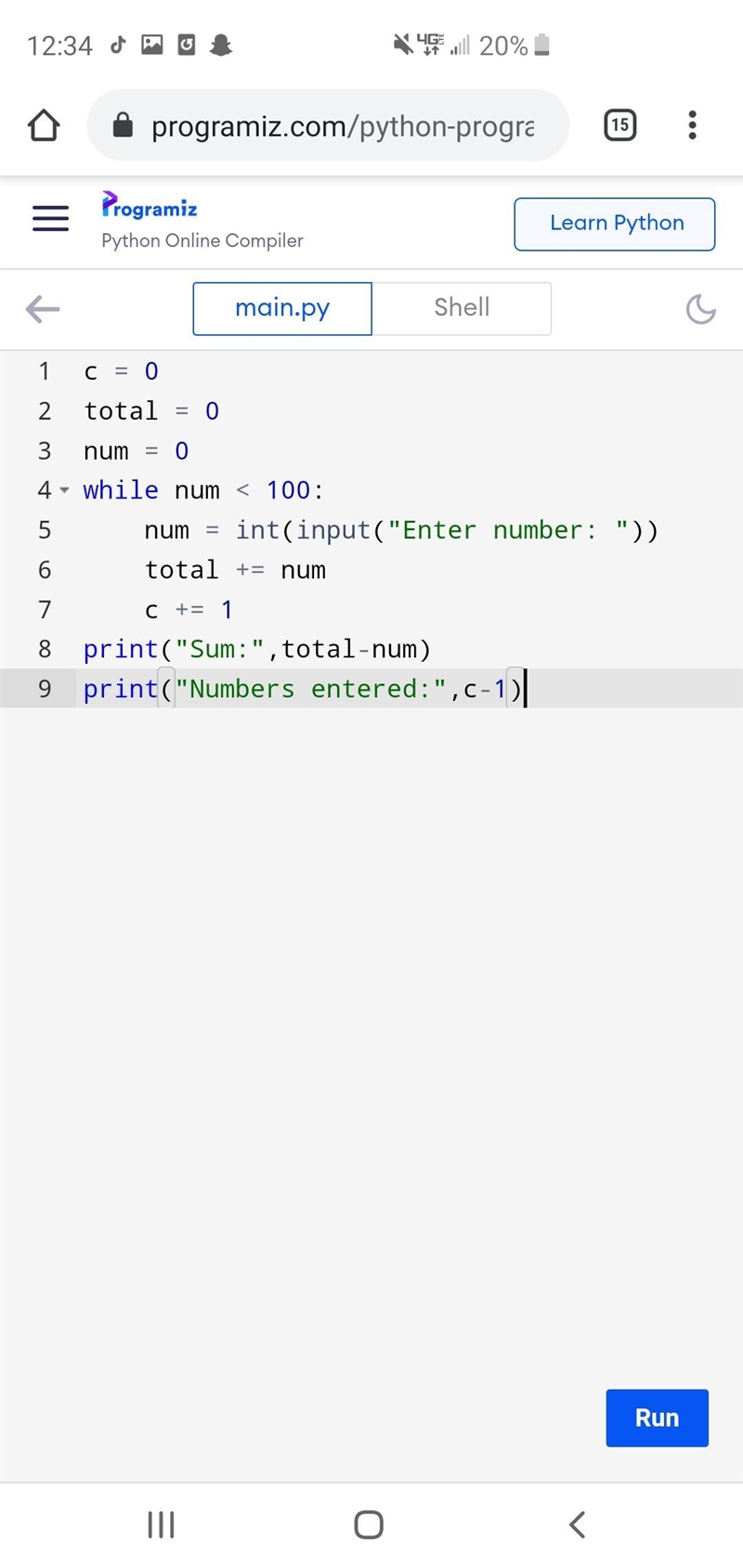 HELP!! I keep getting an EOFError on line 6 while trying to run my code in python-example-1