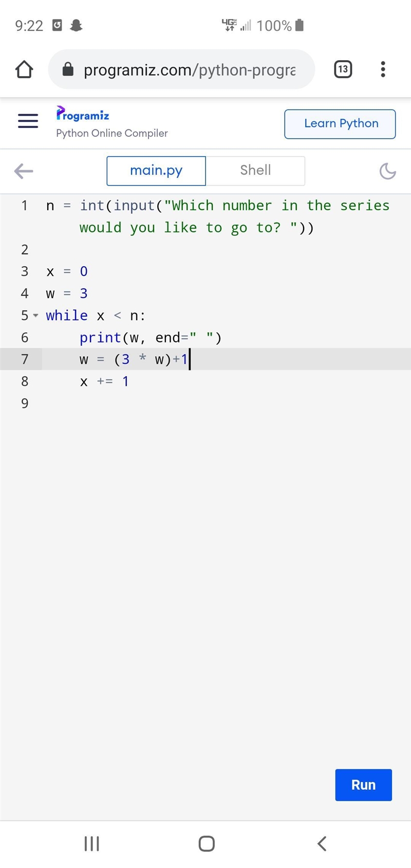 Write a python program to print the following series 3..10..31..94......n​ Pls answer-example-1