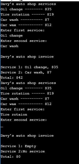 (1) Output a menu of automotive services and the corresponding cost of each service-example-1