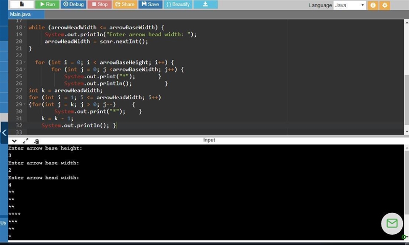 This program outputs a downwards facing arrow composed of a rectangle and a right-example-1