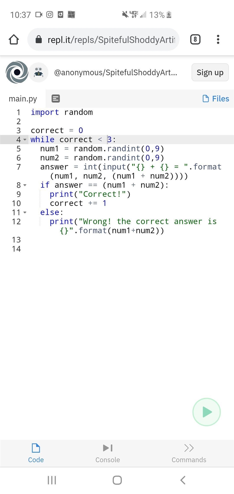 --Beginner PYTHON-- randomly generate a single digit addition problem 2+4= or 5+9= have-example-1