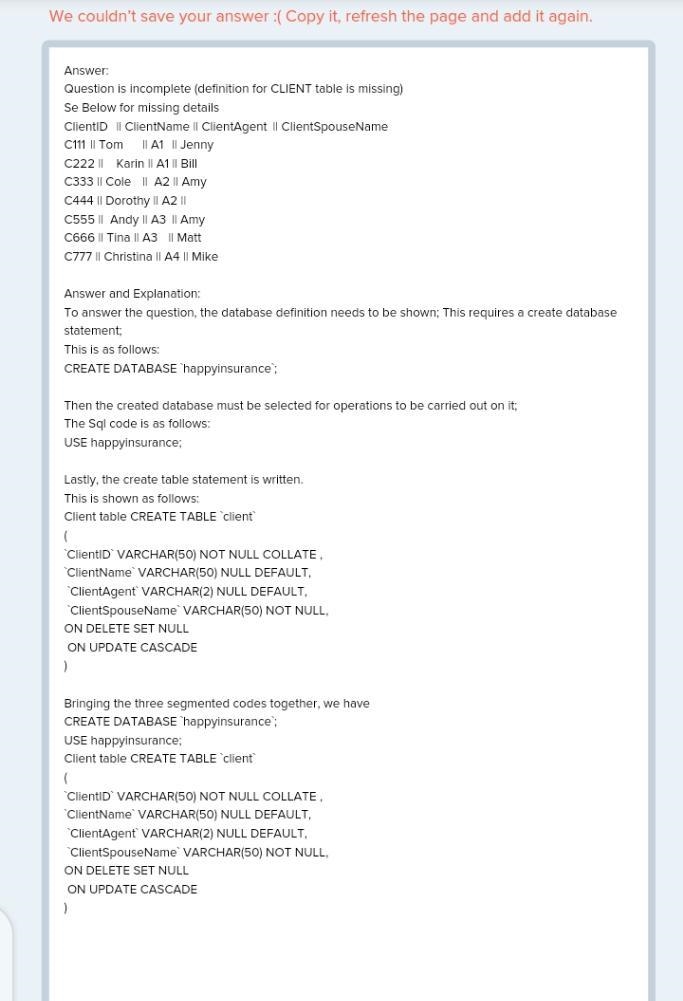 Show the CREATE TABLE statements for HAPPY INSURANCE database for the table CLIENT-example-1