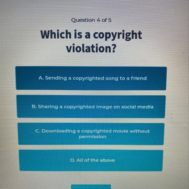 Which is a copyright violation? A. Sending a copyrighted song to a friend B. Sharing-example-1