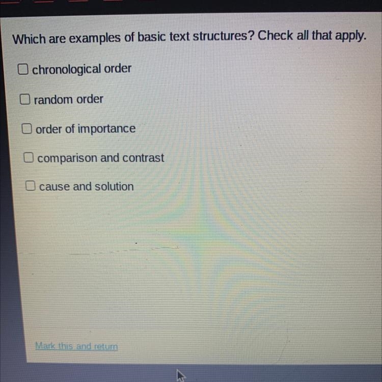 Which are examples of basic text structures? Check all that apply. chronological order-example-1