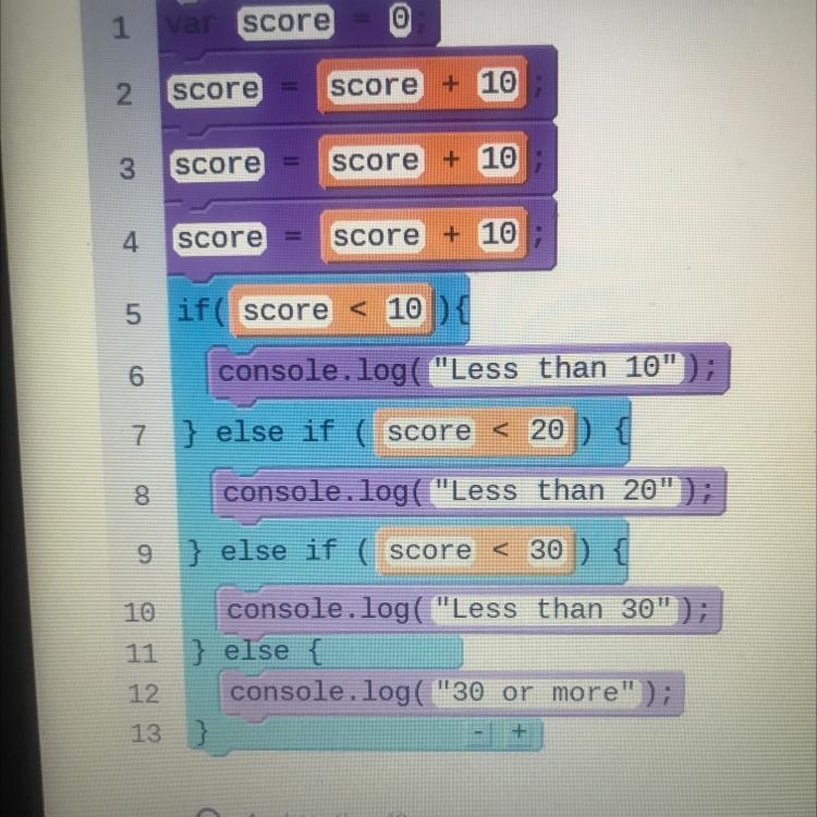 What is the text output by the program? A. Less than 10 B. Less than 20 C. Less than-example-1