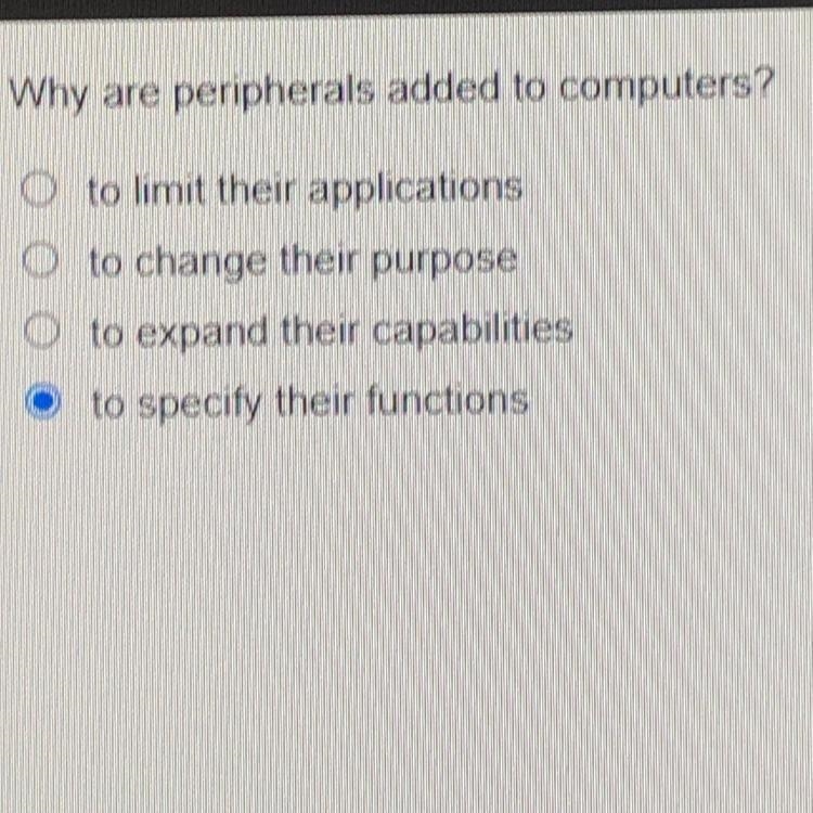 HELP ME PLSSSS Why are peripherals added to computers???? 15 points!-example-1