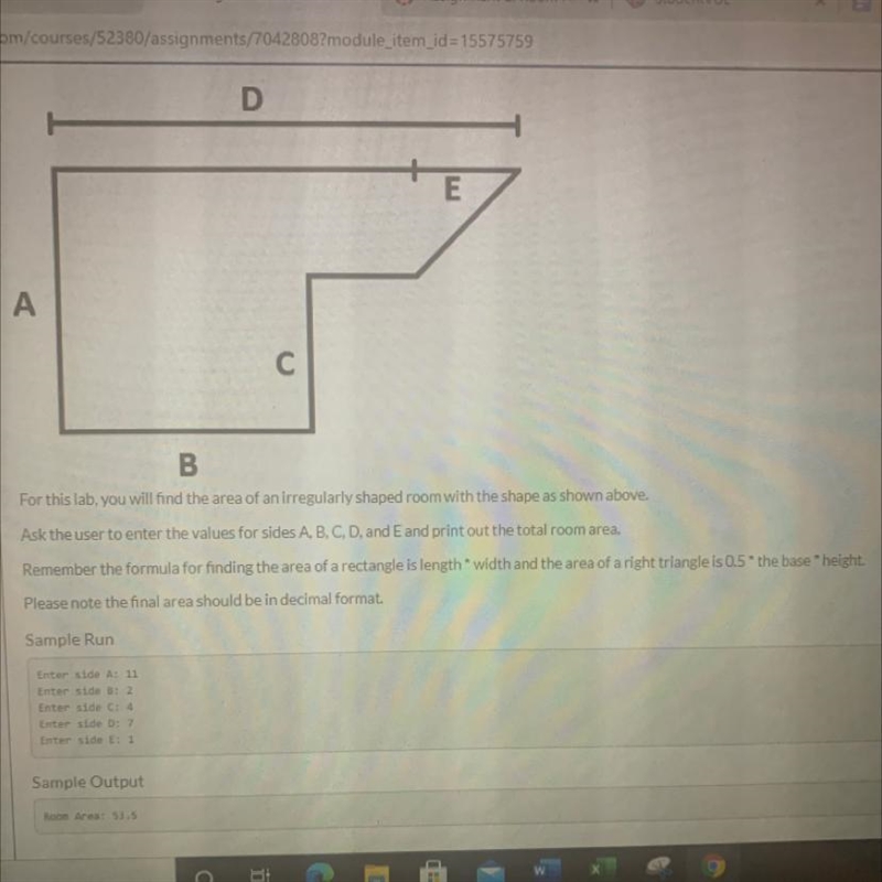 D E A C B For this lab, you will find the area of an irregularly shaped room with-example-1