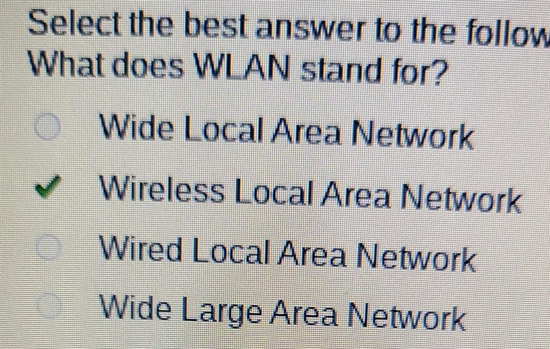 Select the best answer to the following question. What does WLAN stand for? Wide Local-example-1