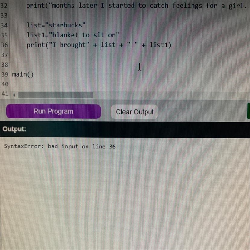 Please help. Why I'm I getting a syntax error.-example-1