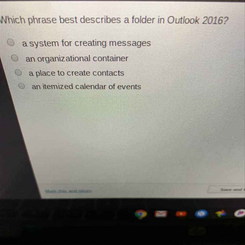 Which phrase best describes a folder in Outlook 2016? a system for creating messages-example-1