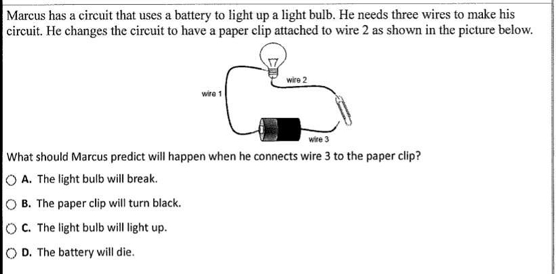 What should Marcus predict will happen when he connects wire 3 to the paper clip?-example-1